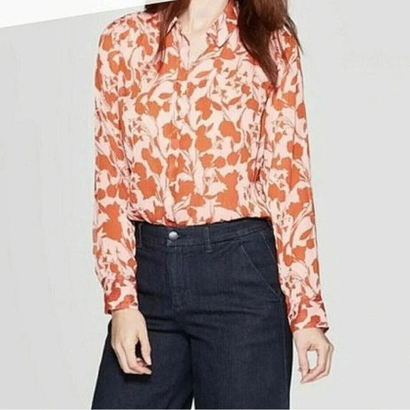 A New Day Floral Sheer Button Down Shirt - Size L - Picture 1 of 7